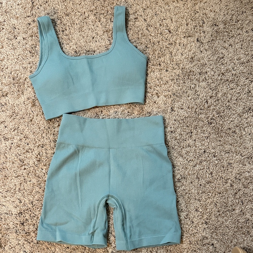Teal Ribbed Sports Bra and Shorts Set